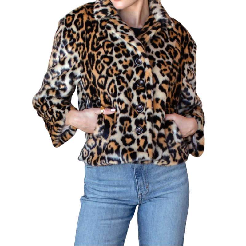 Leopard print jacket worn by a person on a white background