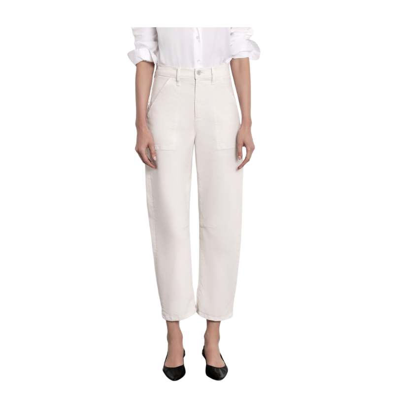 Person wearing white pants and a white shirt on a white background