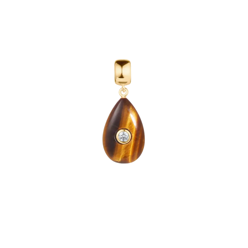 Teardrop-shaped pendant with gold frame and central gemstone on a white background