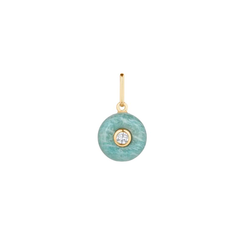 Teal pendant with gold accents on a white background