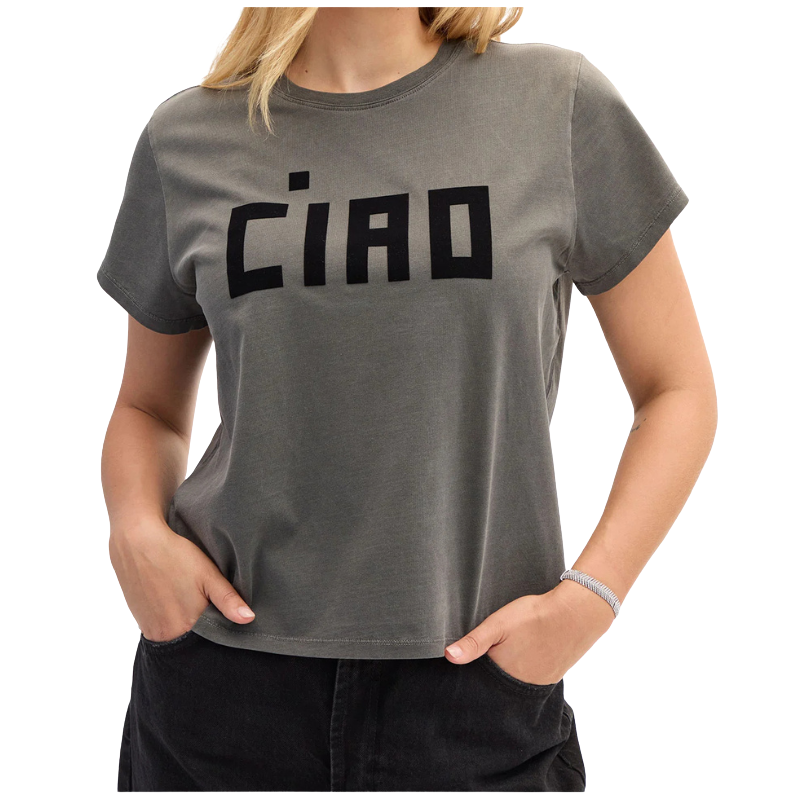 Person wearing a gray t-shirt with 'CIAO' printed on it against a white background