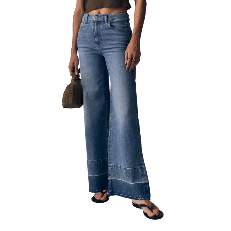 Person wearing blue wide-leg jeans on a white background