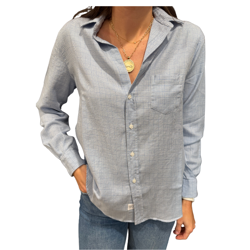 Person wearing a checkered shirt and jeans on a white background
