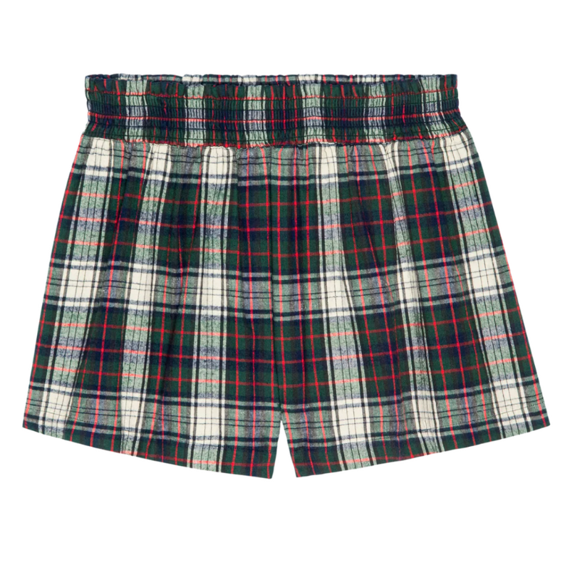 Plaid shorts with green, red, and white pattern on a white background