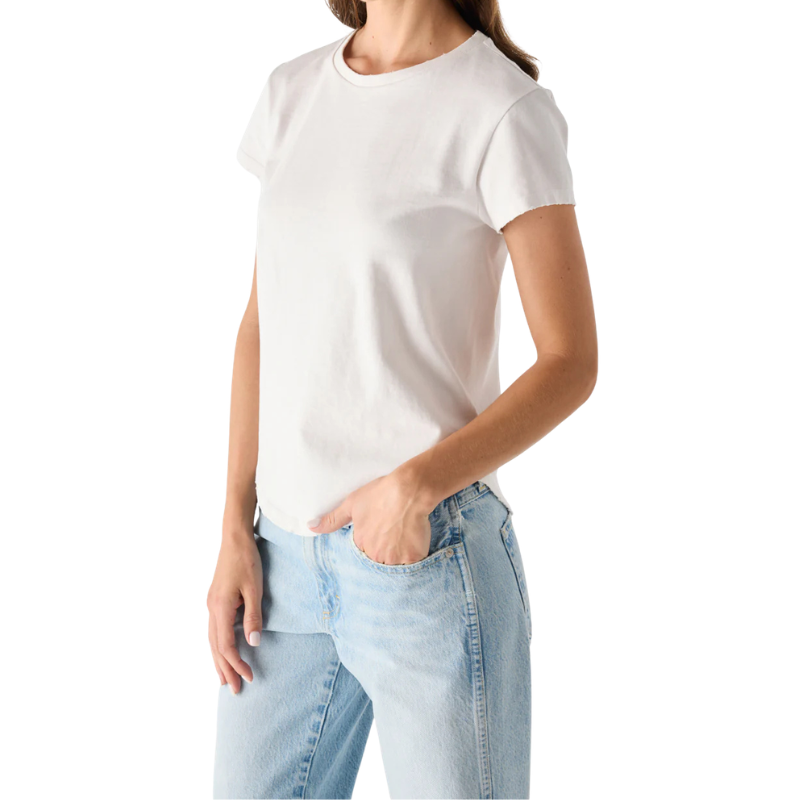 Person wearing a plain white t-shirt and light blue jeans on a white background