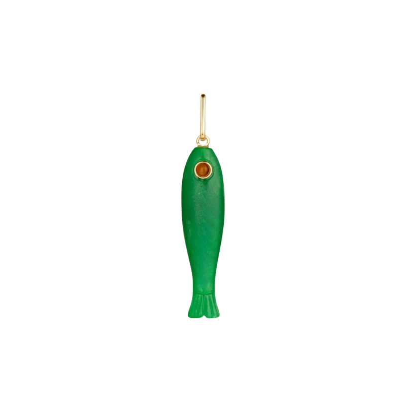 Green fish-shaped pendant with a gold chain on a white background