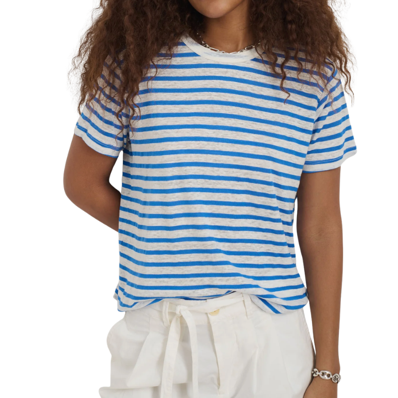 Person wearing a blue and white striped shirt on a white background