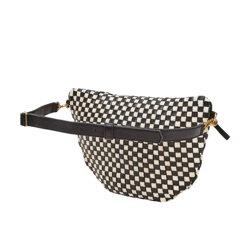 Black and white checkered fanny pack with a black strap on a white background