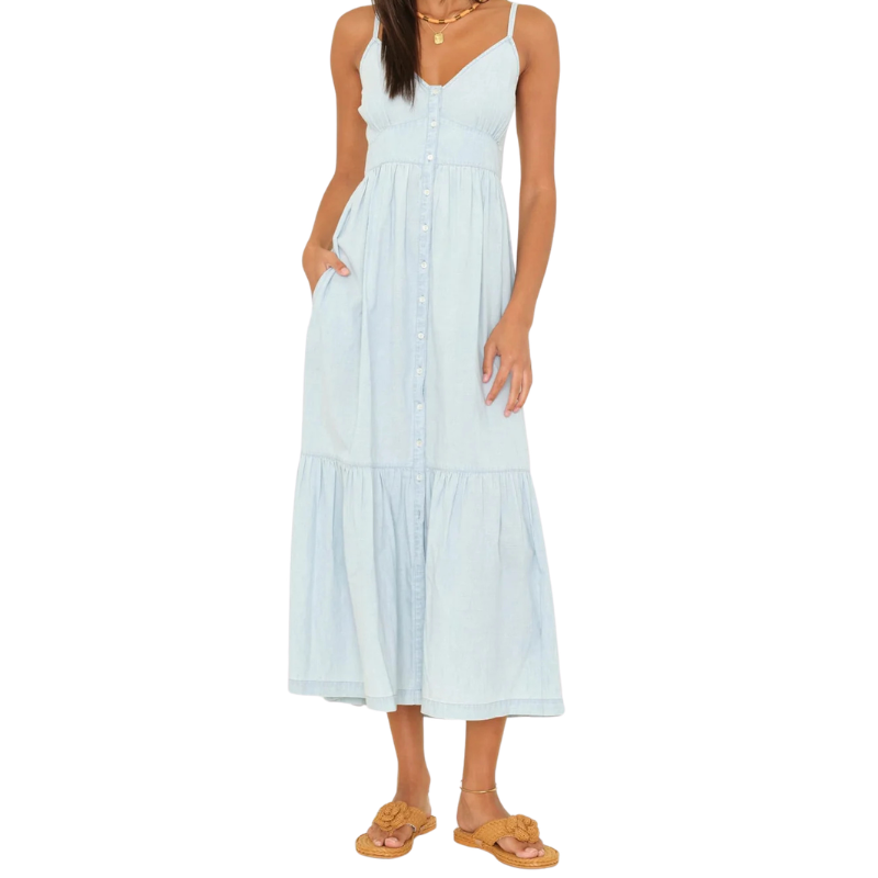 Light blue dress worn by a person on a white background