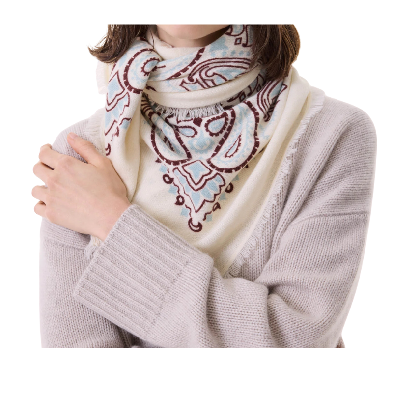 Person wearing a patterned scarf and light gray sweater on a white background