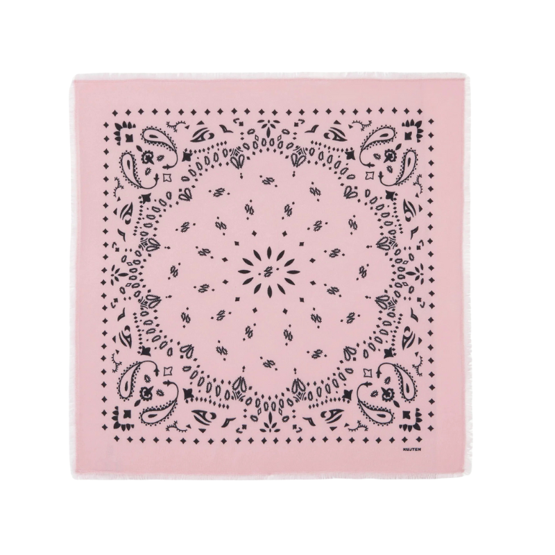 Pink bandana with black paisley pattern on a white background