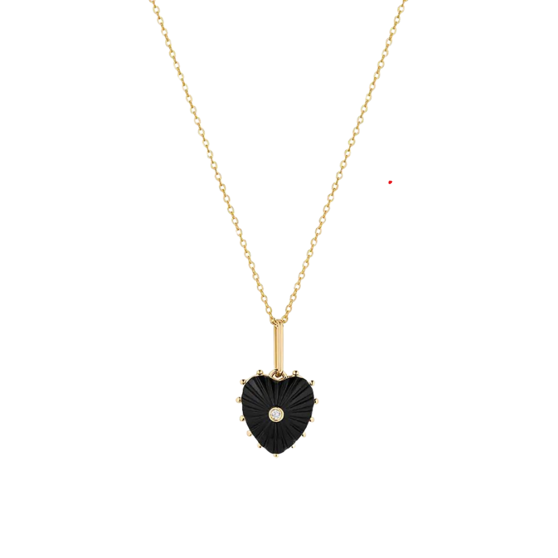 Necklace with a black heart-shaped pendant on a white background