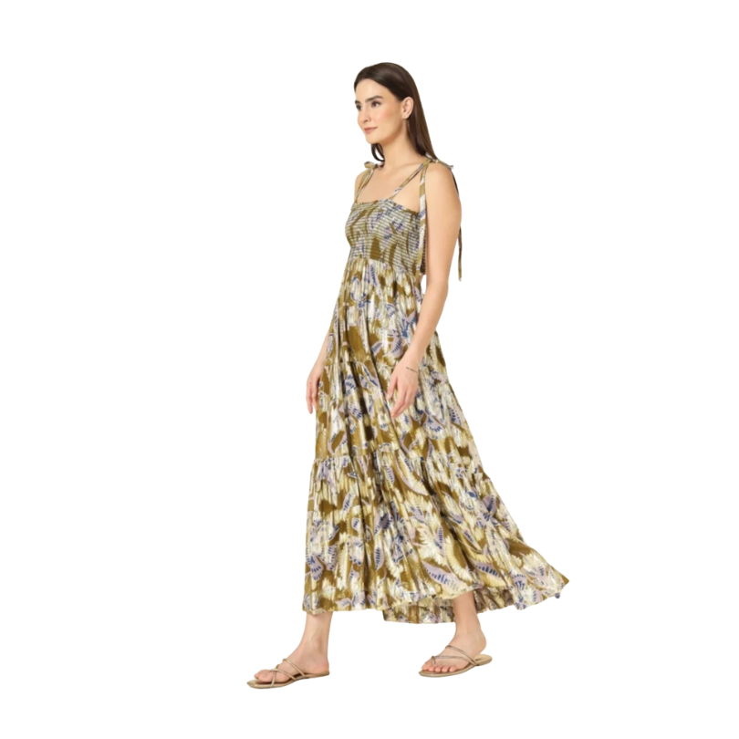 Woman wearing a floral dress on a white background