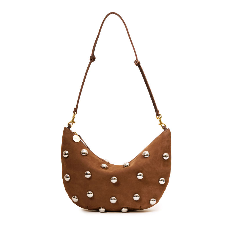 Brown handbag with silver studs on a white background