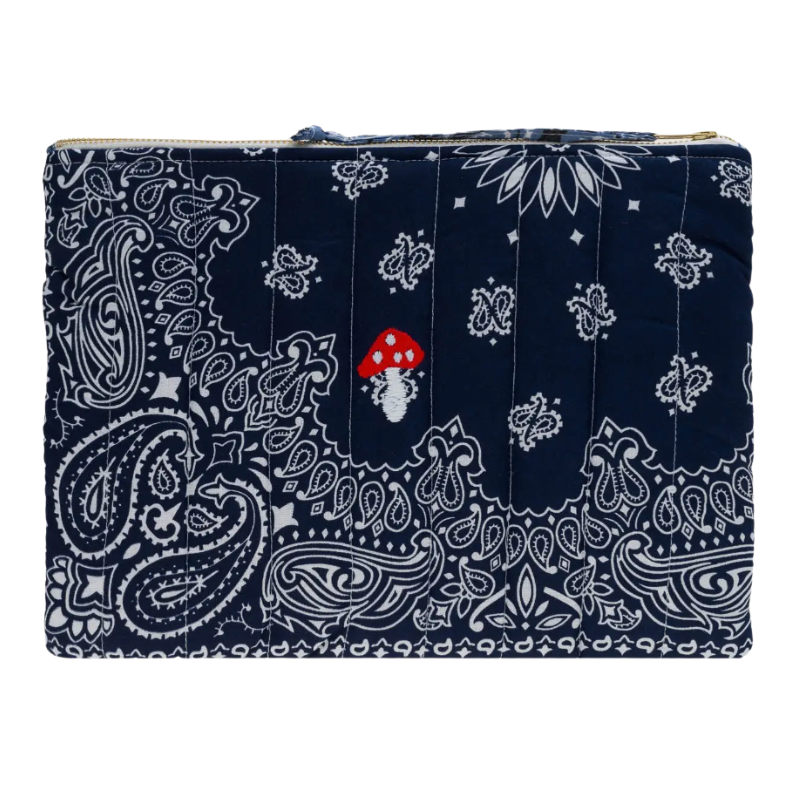 Navy blue pouch with white paisley pattern featuring a red and white mushroom design.