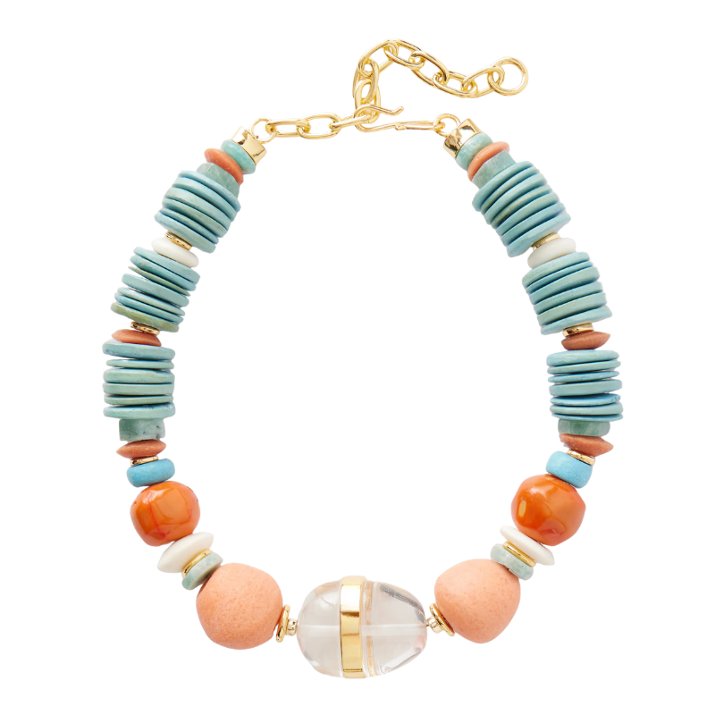 Necklace with colorful beads and gold chain on a white background