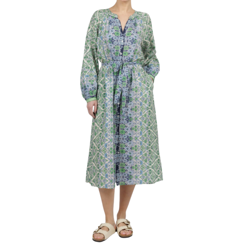 Long floral dress worn by a person on a white background