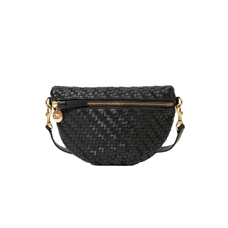 Black woven handbag with gold zipper and chain detail on a white background