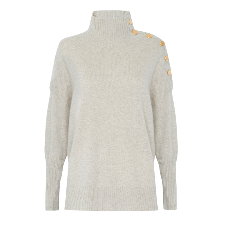 Light gray sweater with yellow buttons on a white background