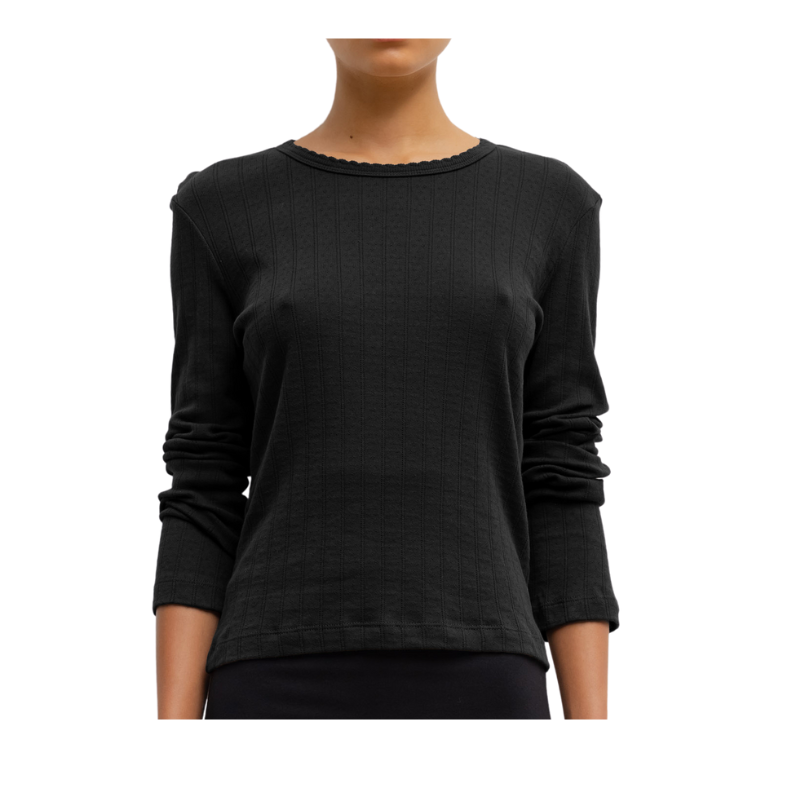 Black long-sleeve top worn by a person on a white background