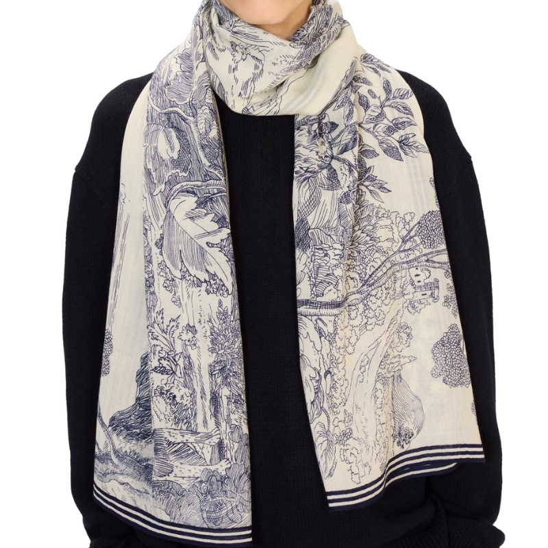 Person wearing a patterned scarf with a white background