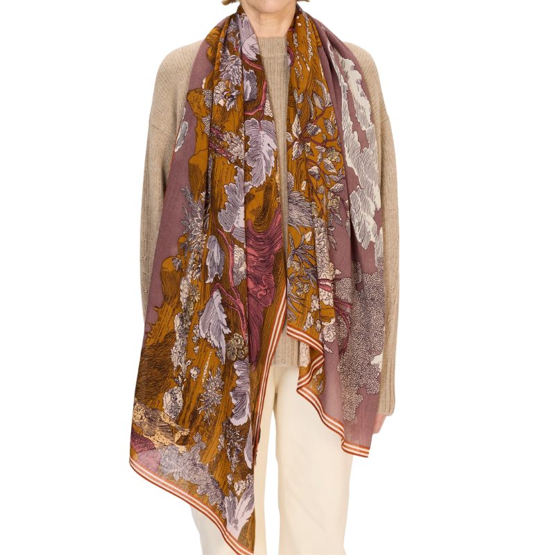 Person wearing a patterned scarf on a white background