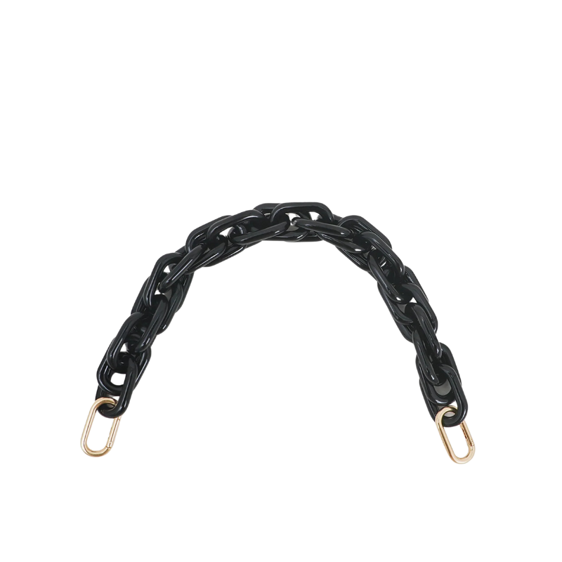 Black braided leather chain with gold hardware on a white background