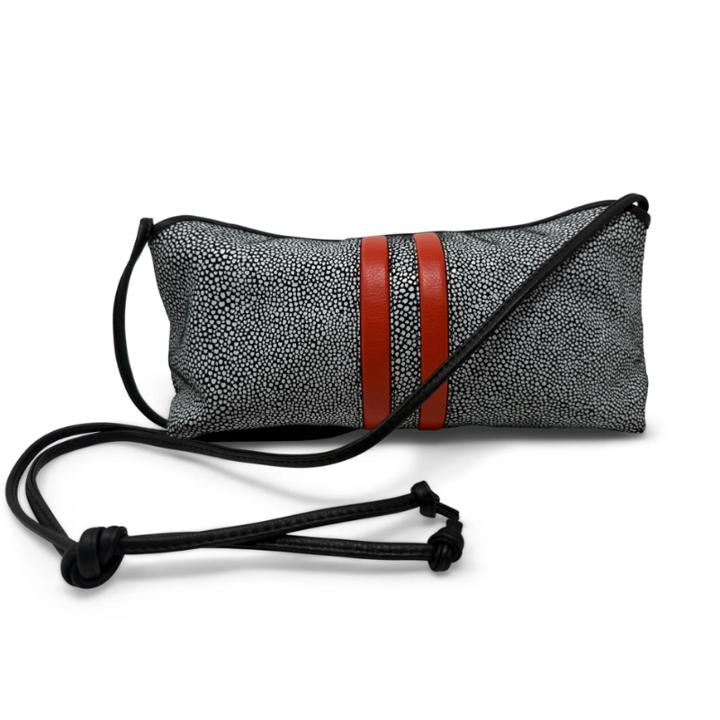 Gray textured clutch bag with a red stripe and black strap on a white background