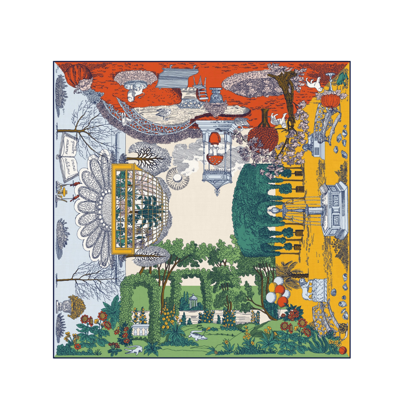 Colorful tapestry with a garden scene, architectural elements, and nature.
