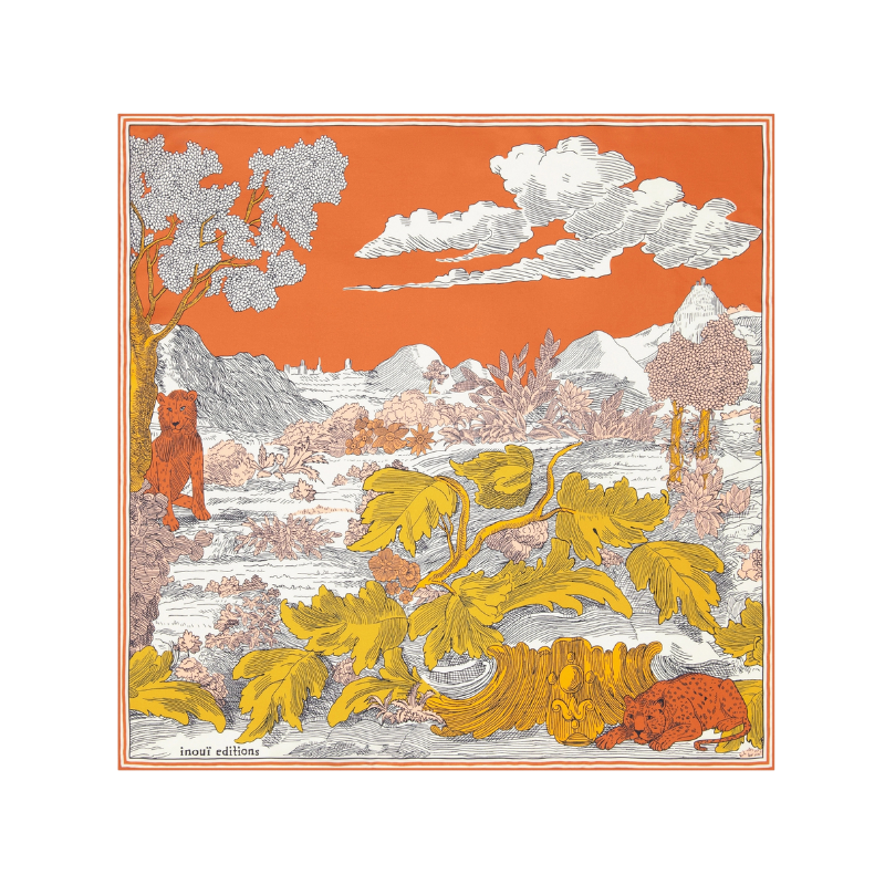 Illustration of a landscape with trees, animals, and mountains on an orange background