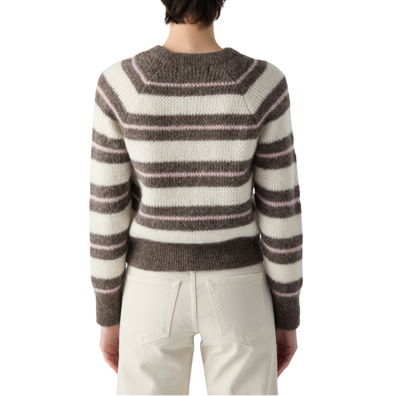 Person wearing a striped sweater with a white background