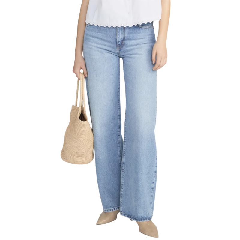 Light blue jeans worn by a person on a white background