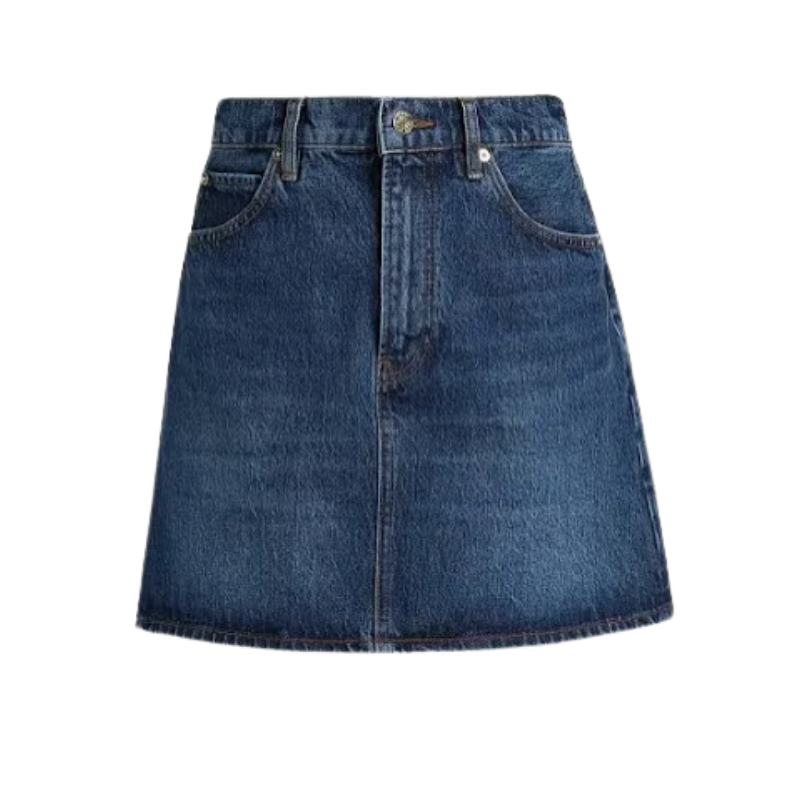 Blue denim skirt on a white background