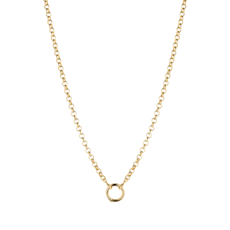 Gold necklace with a small round pendant on a white background