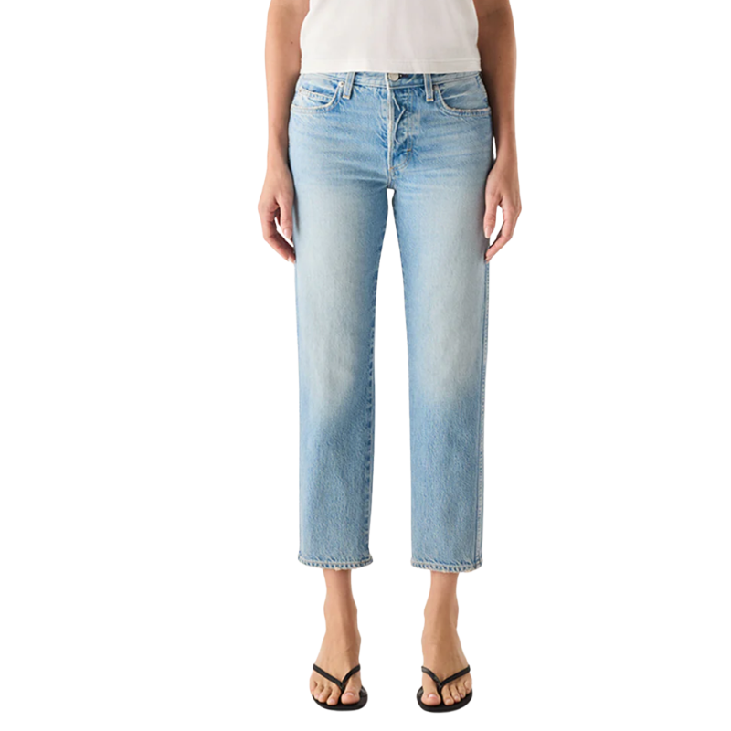 Light blue jeans worn by a person on a white background