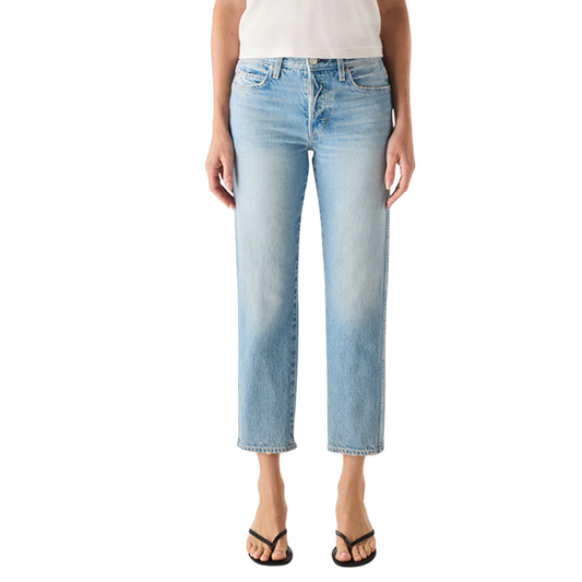 Light blue jeans worn by a person on a white background