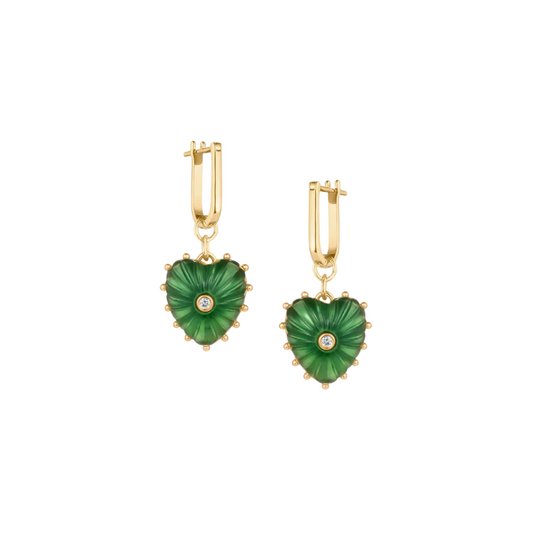 Heart-shaped green earrings with gold hooks on a white background