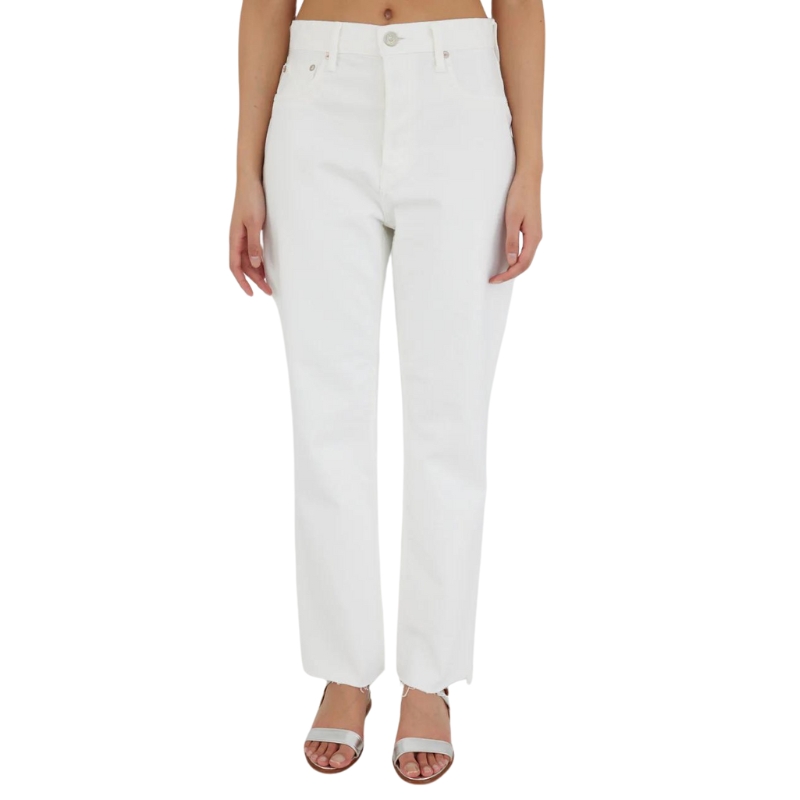 White jeans worn by a person on a white background