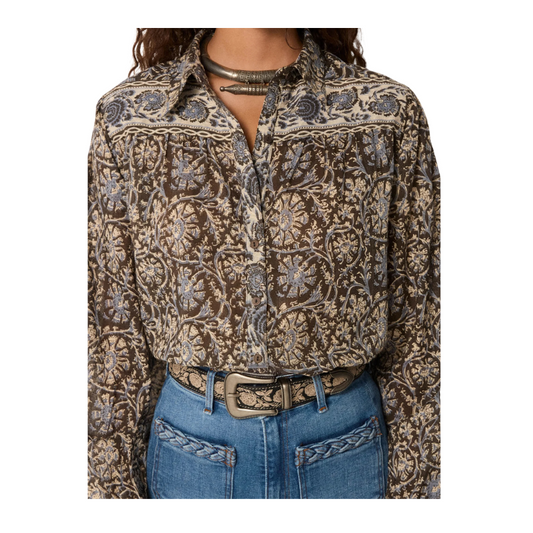 Patterned shirt worn by a person on a white background
