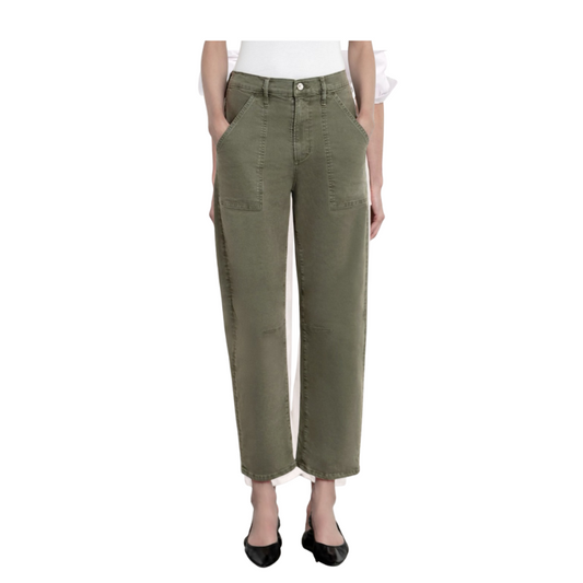 Person wearing olive green pants on a white background