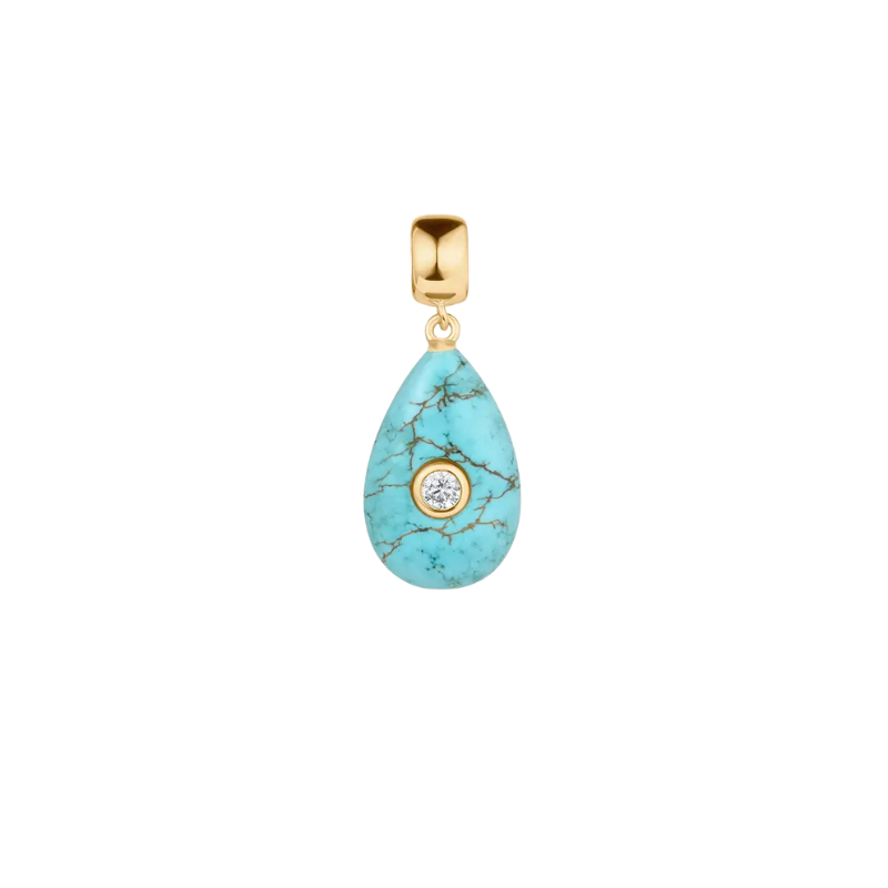 Turquoise teardrop pendant with gold accents on a white background