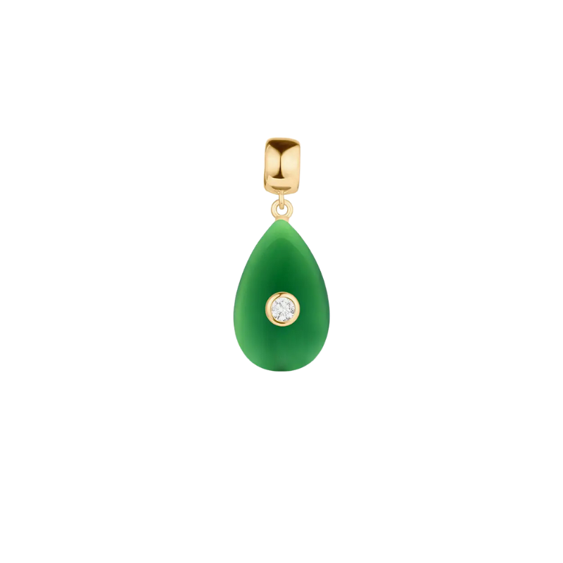 Green teardrop pendant with gold accents on a white background