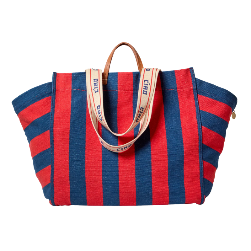 Red and blue striped bag with a beige strap on a white background