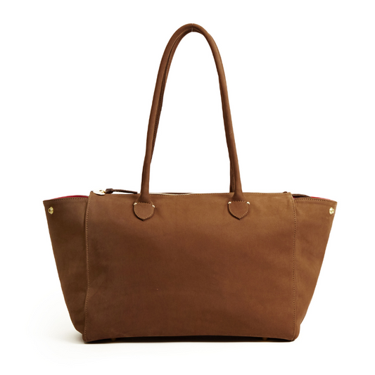 Brown leather tote bag on a white background