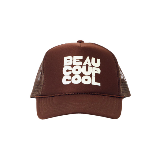 Brown cap with 'BEAU COUP COOL' text on a white background