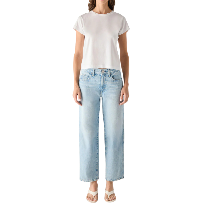 Person wearing a white t-shirt and light blue jeans on a white background