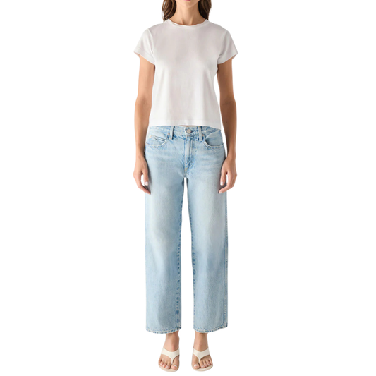 Person wearing a white t-shirt and light blue jeans on a white background