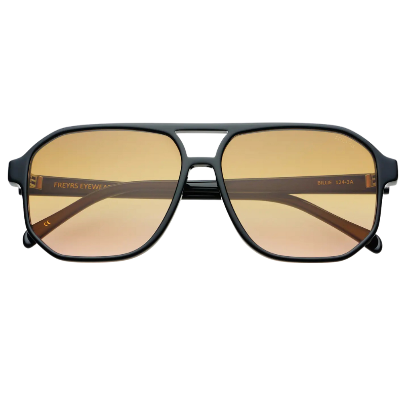 Aviator sunglasses with gold-tinted lenses on a white background