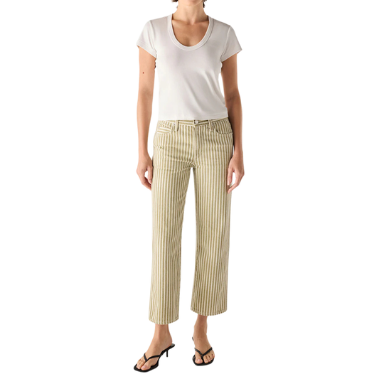 Woman wearing a white t-shirt and striped pants on a white background