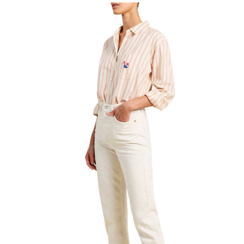 Person wearing a striped shirt and white pants on a white background